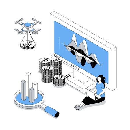 Cryptocurrency 3d isometric concept with isometry people design for web. Woman making analyzing data charts, investments at crypto market, increasing financial income online. Vector illustrationのイラスト素材