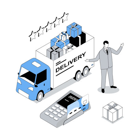 Delivery service 3d isometric concept with isometry people design for web. Client making online shopping in global internet stores, ordering gifts and using truck shipping. Vector illustrationのイラスト素材
