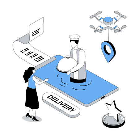 Food delivery 3d isometric concept with isometry people design for web. Woman making online order in restaurant menu, making payment, getting lunch from chef with home shipping. Vector illustrationのイラスト素材