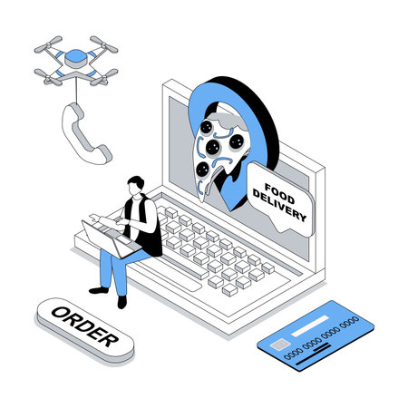 Food delivery 3d isometric concept with isometry people design for web. Man making online order with home shipping in pizza restaurant with best rating, doing credit card payment. Vector illustrationのイラスト素材