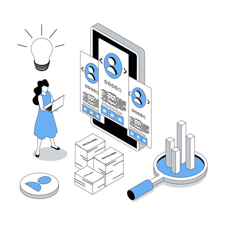 HR process 3d isometric concept with isometry people design for web. Woman choosing candidate resume and applicants review from last jobs, finding best human resource in team. Vector illustrationのイラスト素材