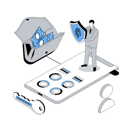 Mobile banking 3d isometric concept with isometry people design for web. Man using secure app for managing financial account, analyzing finance statistics data, money cash out. Vector illustrationのイラスト素材