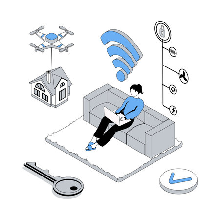 Smart home 3d isometric concept with isometry people design for web. Woman using automation system with wireless connection, managing electricity, conditioner, hvac, thermostats. Vector illustrationのイラスト素材