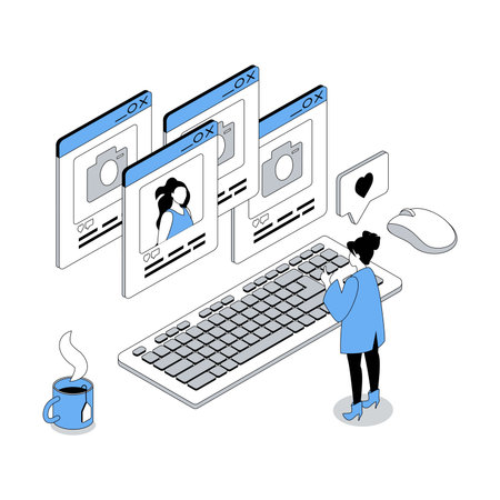 Social network 3d isometric concept with isometry people design for web. Woman watching online blog of influencer with new posts and photos, leaving comments and likes, following. Vector illustrationのイラスト素材