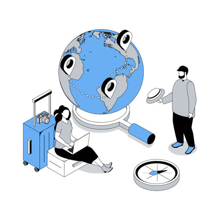 Travelling 3d isometric concept with isometry people design for web. Man and woman planning summer vacation, using globe and compass for routes, booking flight tickets online. Vector illustrationのイラスト素材