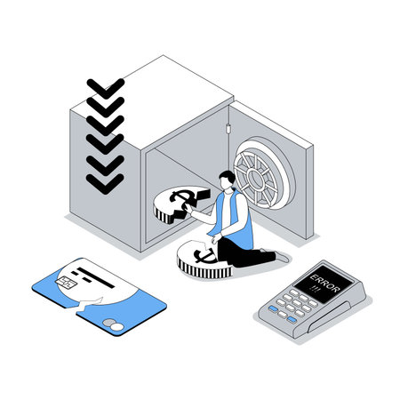 Unemployment and crisis 3d isometric concept with isometry people design for web. Sadness man losing all money, faces global economic recession and banking system collapsing. Vector illustrationのイラスト素材