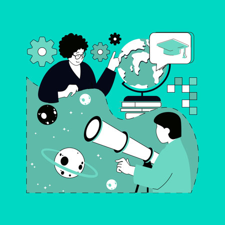 Education concept for modern web design. People reading books, studying at astronomy lessons, doing homework with globe, watching into telescope, gain knowledge about space. Vector illustration.のイラスト素材
