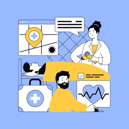 Healthcare and medical concept for modern web design. People working in hospital, hospitalization patients to ward, doctors doing first aid, nurse helping and making analysis. Vector illustration.のイラスト素材