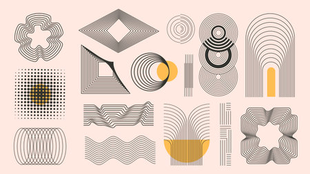 Aesthetic vintage geometric shape mid century elements set. Collection of monochrome stripes and dots circles, cylinders, rhombuses, squares, arches, flowers, other lines shapes. Vector illustration.のイラスト素材