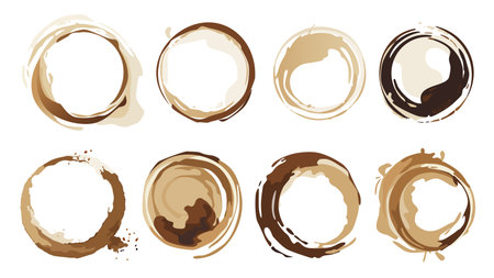 Coffee ring stains elements set. Collection of messy brown circle blots of cup bottoms, cappuccino or espresso beverage spots with splashing wet textured, spilling mug stamps. Vector illustration.のイラスト素材