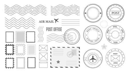 Grunge postage stamp elements set. Collection of old round and rectangle postal and shipping postmarks and stamps, stripes waves, retro envelope with marks, delivery airmail. Vector illustration.のイラスト素材