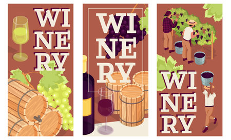 Winery isometric vertical banners set. Poster layouts with white and red wine in glass, bottles and wooden barrels, wineglass, grapevines, grape crop harvesting at vineyard. Vector illustration.のイラスト素材
