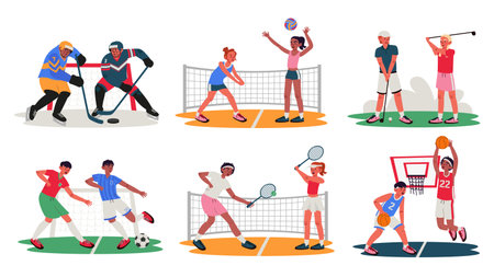 Sports people concept set for modern web design. Collection with men and women in uniform playing hockey, volleyball, golf, football, tennis, basketball, training to competition. Vector illustration.のイラスト素材