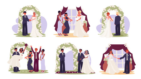 Wedding ceremony concept set for modern web design. Collection with people at marriage party, groom and bride near flower arch, bridesmaid catching bouquets, couple dancing, more. Vector illustration.のイラスト素材