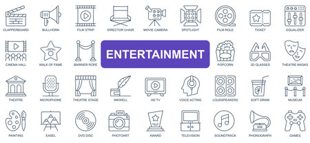 Entertainment concept simple line icons set. Pack outline pictograms of clapperboard, bullhorn, film, movie, camera, ticket, cinema hall and other. Symbols for website and mobile app design.の写真素材