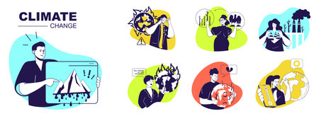 Climate change concept set for web design. Collection with people worried about melting glaciers,...