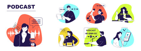 Podcast concept set for web design. Collection with people recording audio interview or online show in studio, host and guest talking in microphones, audience listening talks. Vector illustration.のイラスト素材