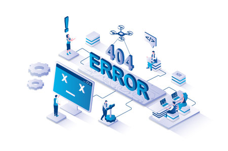 404 error 3d isometric concept with isometry people design for web. People getting warning sign with...