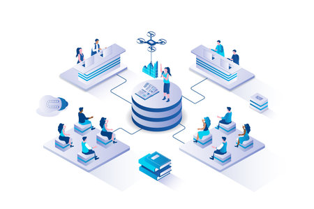 Coaching 3d isometric concept with isometry people design for web. Business team listening coach at training, staff learning with professional development specialist at seminar. Vector illustration.のイラスト素材