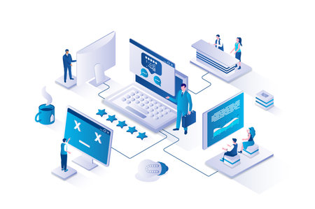 Consulting 3d isometric concept with isometry people design for web. Business team doing management and administration, making accounting report, getting expert consultation. Vector illustration.のイラスト素材