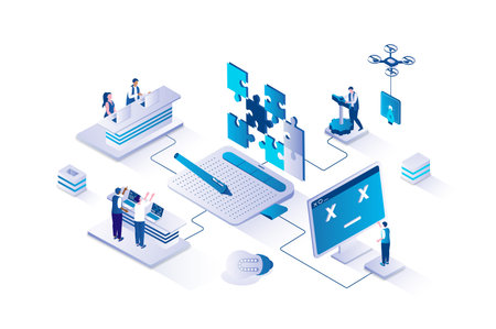 Creative agency 3d isometric concept with isometry people design for web. Team working on project, analyzing consumers, finding new ideas, creating graphic content for advertise. Vector illustration.のイラスト素材