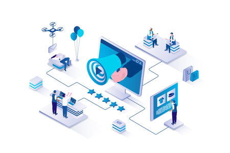Digital marketing 3d isometric concept with isometry people design for web. Team promoting business and projects, making advertisement with megaphone, attracting customers. Vector illustration.のイラスト素材