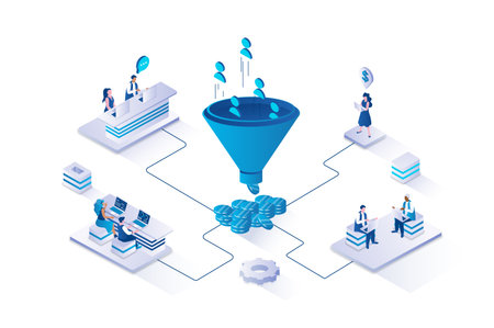 Marketing funnel 3d isometric concept with isometry people design for web. Team attracting new customers and generating sales flow, using lead generations strategy with cone. Vector illustration.のイラスト素材
