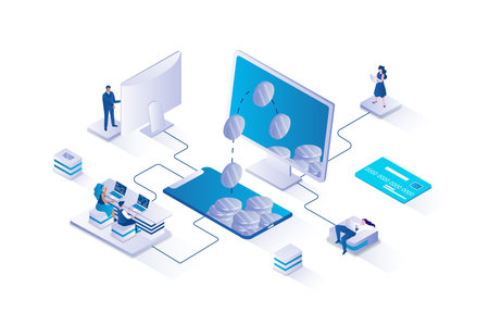Money transfer 3d isometric concept with isometry people design for web. Users making financial transactions using mobile banking, sending and receiving finance to accounts. Vector illustration.のイラスト素材