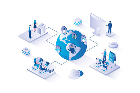 Outsourcing company 3d isometric concept with isometry people design for web. Employees working remotely from home in international company, doing tasks and communicating online. Vector illustration.のイラスト素材