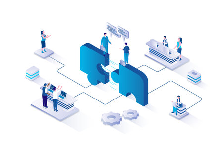 Partnership 3d isometric concept with isometry people design for web. Businessmen shaking hands and making business deal, cooperating on project with partners, synergy work. Vector illustration.のイラスト素材