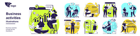 Business activities concept set for web design. Collection with people analyzing data graph, doing...