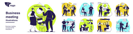 Business meeting concept set for web design. Collection with people discussing financial report with graph, making contracts, brainstorming in team, managing teamwork at office. Vector illustration.のイラスト素材