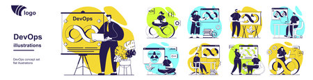 DevOps concept set for web design. Collection with people working with coding and management, using job integration practice, teamwork workflow with agile cycles in project. Vector illustration.のイラスト素材