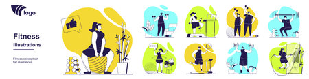 Fitness at gym concept set for web design. Collection with people doing bodybuilding, gymnastic, aerobics or weightlifting, exercising on treadmills, training at home workouts. Vector illustration.のイラスト素材