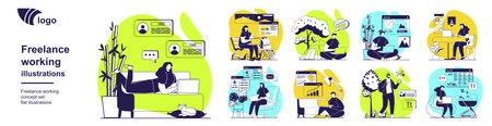 Freelance working concept set for web design. Collection with people doing tasks online in home,...
