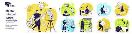 Mental mindset types concept set for web design. Collection with people with creative, logical, abstract, imaginative and other thinking solving problems, inner emotional process. Vector illustration.のイラスト素材