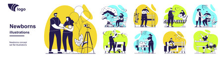 Families with newborns baby concept set for web design. Collection with people taking care children, young mothers and fathers with kids walking park, playing at home, nursing. Vector illustration.のイラスト素材