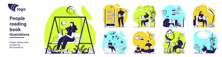 People reading book concept set for web design. Collection of scenes with reading lovers pastime with different literature, bookworms in bookshop, students study from textbooks. Vector illustration.のイラスト素材