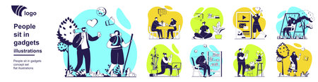 People sit in gadgets concept set for web design. Collection of scenes with users taking selfie and...