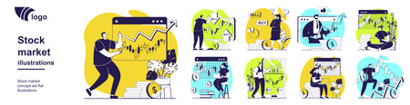 Stock market concept set for web design. Collection with people analyzing financial statistics with bar chart, forecasting market trends, buy or sell, making success investments. Vector illustration.のイラスト素材
