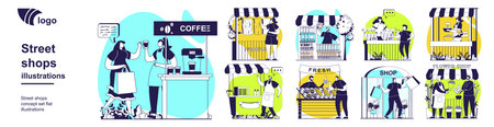 Street shops concept set for web design. Collection with people working in stalls, customers buy coffee, newspapers, fresh products, fast food, flowers, fabric clothes at stores. Vector illustration.のイラスト素材