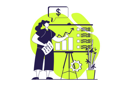Business process web concept with flat people for website design. Businesswoman analyzing company data at growth charts, creating success strategy, brainstorming innovations. Vector illustration.のイラスト素材