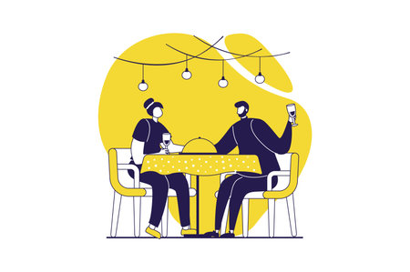 Cooking and restaurant web concept with flat people for website design. Woman and man sit table in cafe and drinking wine, couple at dating in cafeteria having romantic dinner. Vector illustration.のイラスト素材