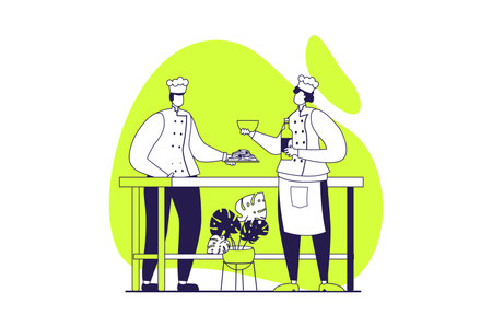 Cooking and restaurant web concept with flat people for website design. Professional chef staff in uniforms preparing dishes at kitchen, working at stove, serving cafeteria. Vector illustration.のイラスト素材