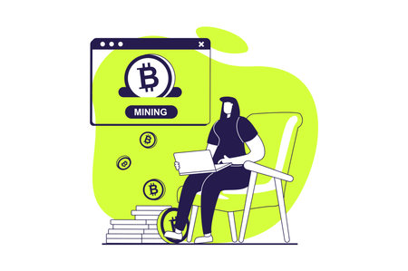 Cryptocurrency mining web concept with flat people for website design. Woman with laptop working at crypto farm, extracting bitcoins for trading on online stocks, earning income. Vector illustration.のイラスト素材