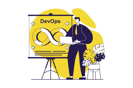 DevOps web concept with flat people for website design. Man working with coding and management, using job integration practice with agile cycles in project, maintenance product. Vector illustration.のイラスト素材