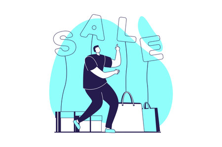 Discount store web concept with flat people for website design. Man with bags making bargain purchases, buying with special offer at seasonal sales, checkout online in stores. Vector illustration.のイラスト素材