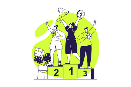 Happy competition champions web concept with flat people for website design. Women and man winning at sport competition, get different places with trophy cup, medals and gifts. Vector illustration.のイラスト素材