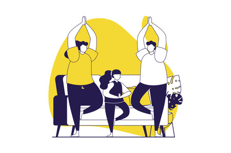 Healthy families web concept with flat people for website design. Mother, father and daughter doing yoga at home, practicing asanas and training body, stretching and mindfulness. Vector illustration.のイラスト素材