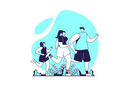 Healthy families web concept with flat people for website design. Mother, father and daughter running in park, training together outdoors, activity pastime child with parents. Vector illustration.のイラスト素材